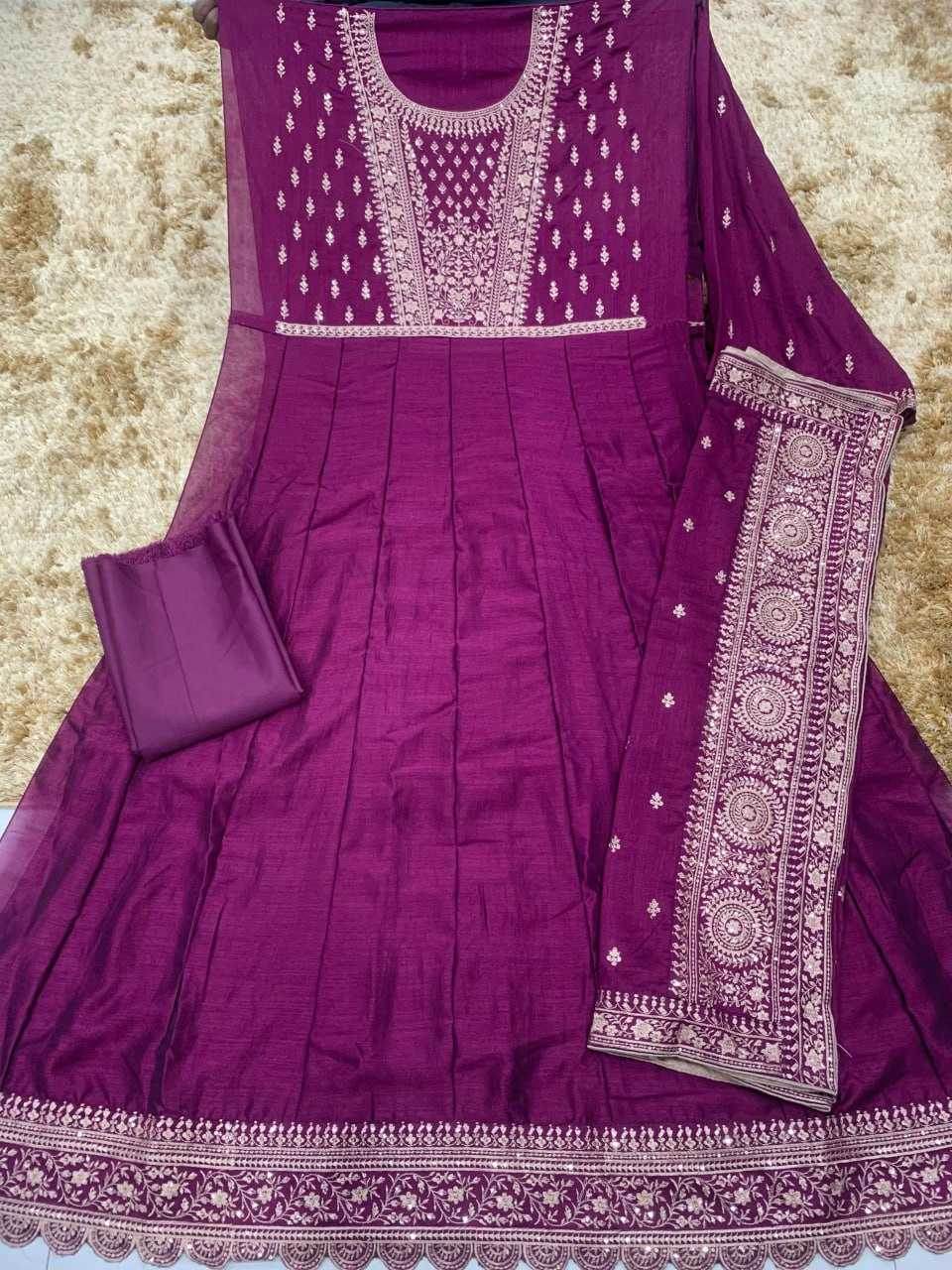 Vichitra Silk Embroidery Gowns Anarkali Long Gowns Sequin Gown - MYLUXURY LANE ENTERPRISE
